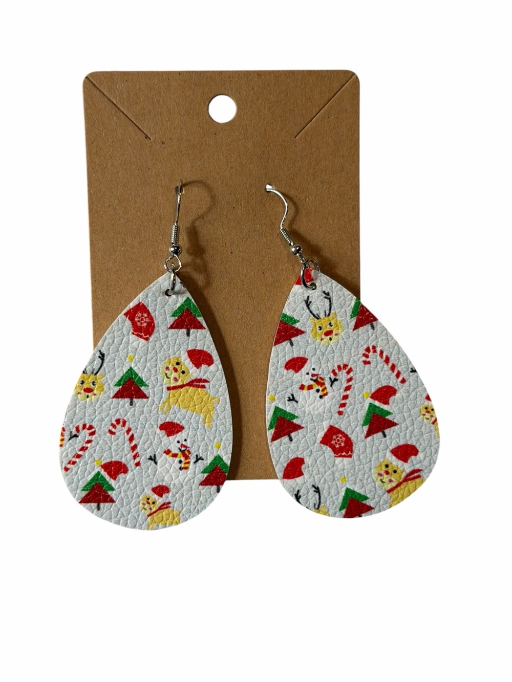 Holiday Teardrop Earrings in White with Festive Print